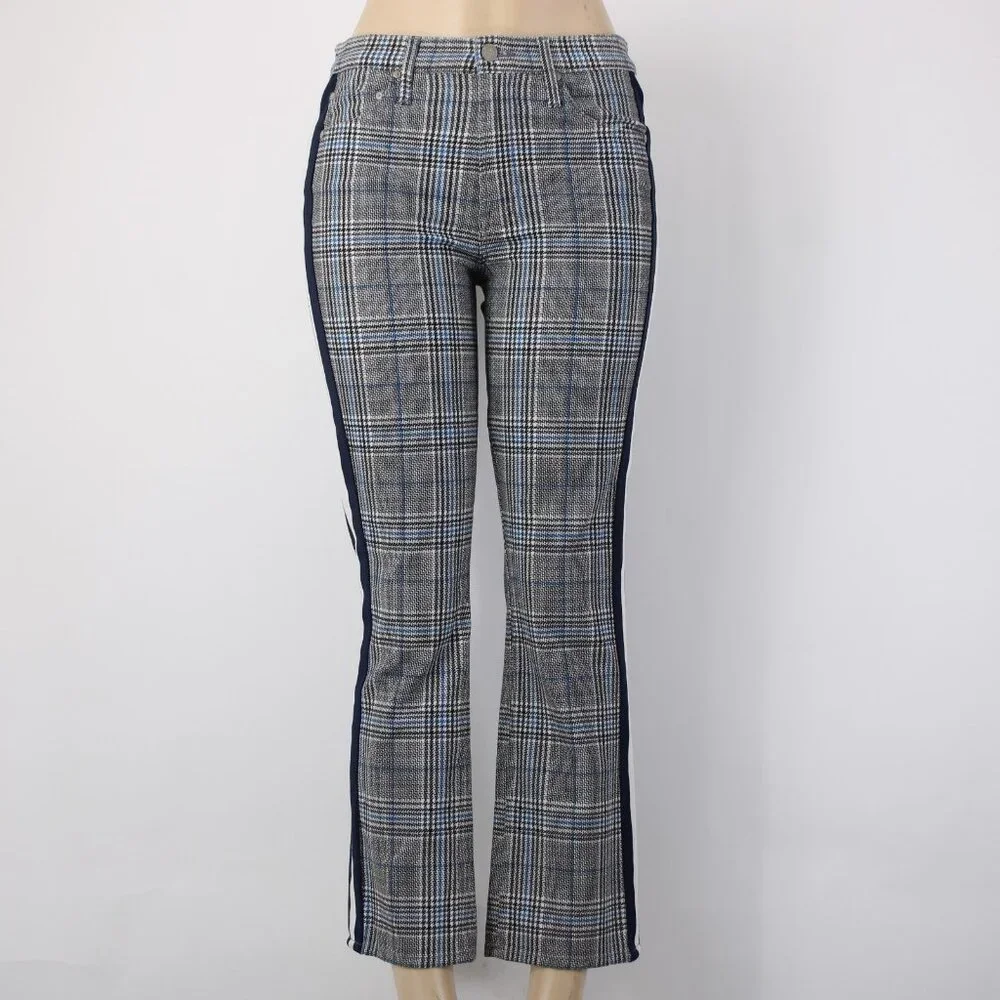 Mother Pant Sz 28 x 27 Black Blue White Striped Side Plaid Straight Cotton Pant - Picture 4 of 16